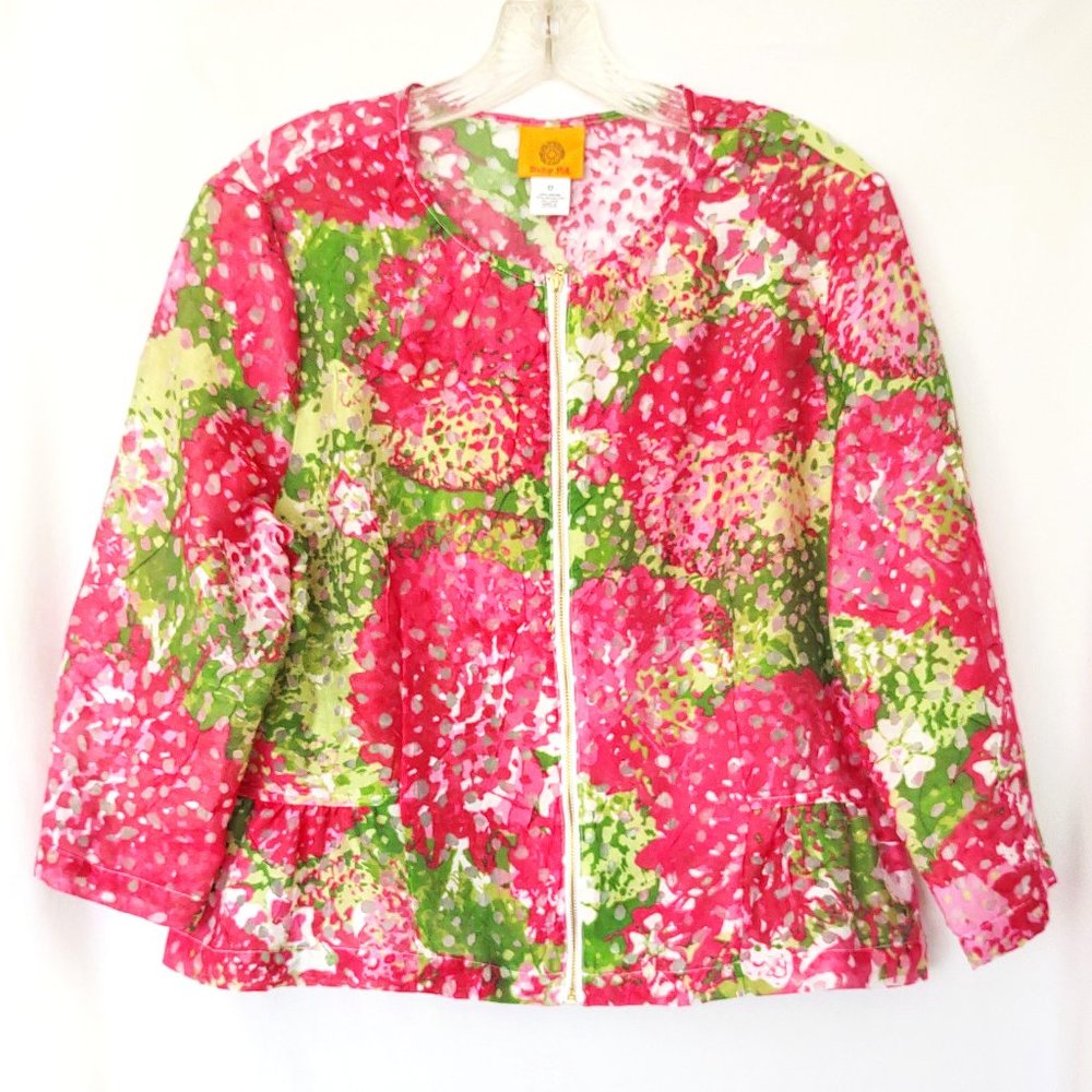 Ruby Rd Burnout Zip Jacket Size 12 Pink Green Lightweight Perfect Layer for AC!